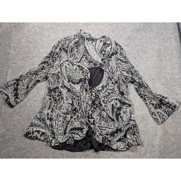 Notations 90s Flowy Ruffle 2X Tie Front Black Gray Patterned Floral Top w Tank - Picture 1 of 9